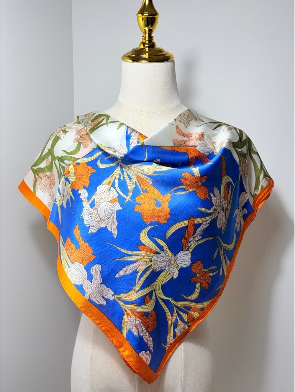 Elegant Floral Square Scarf with Blue, Orange, Green, and White Pattern